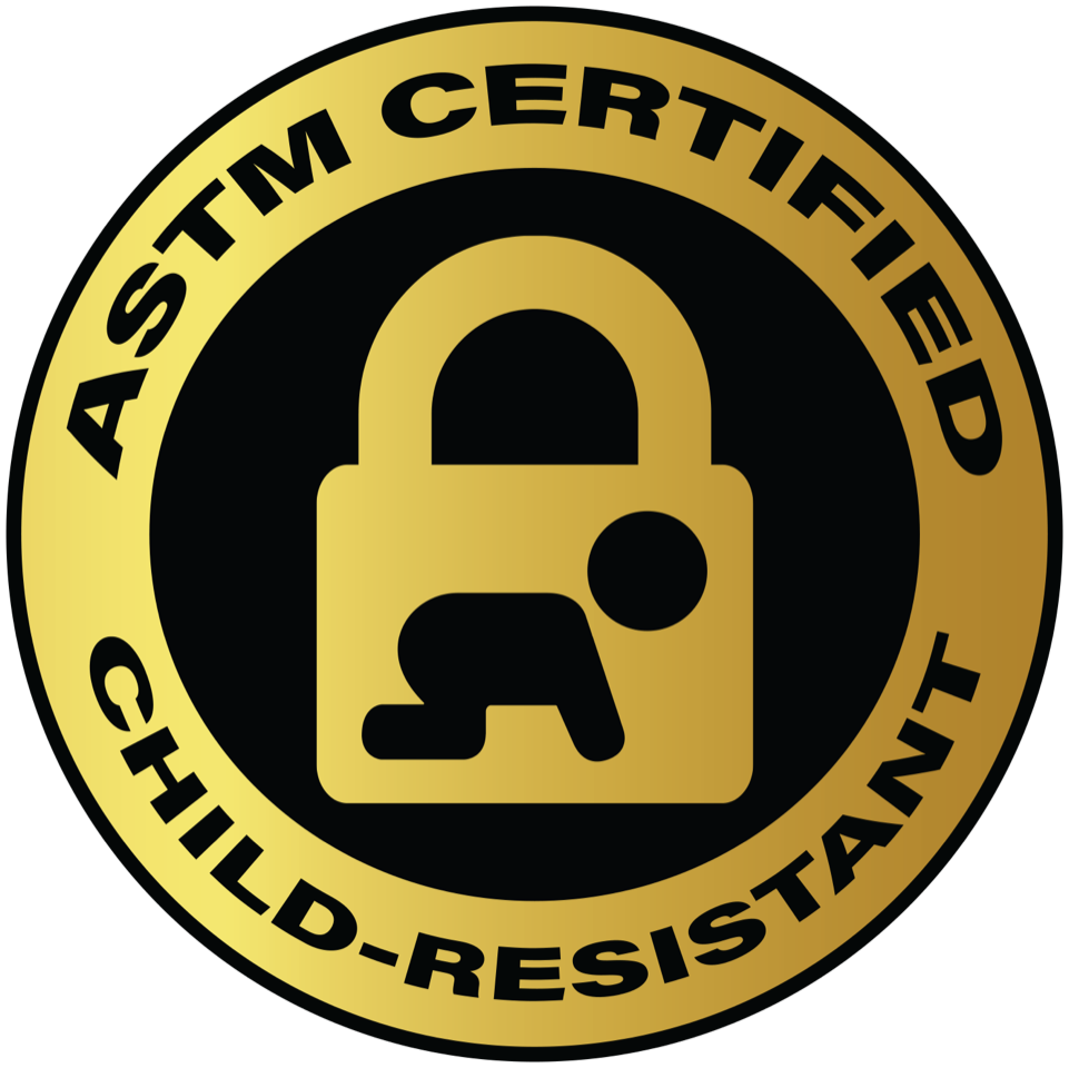 ASTM certification symbol for child resistant packaging